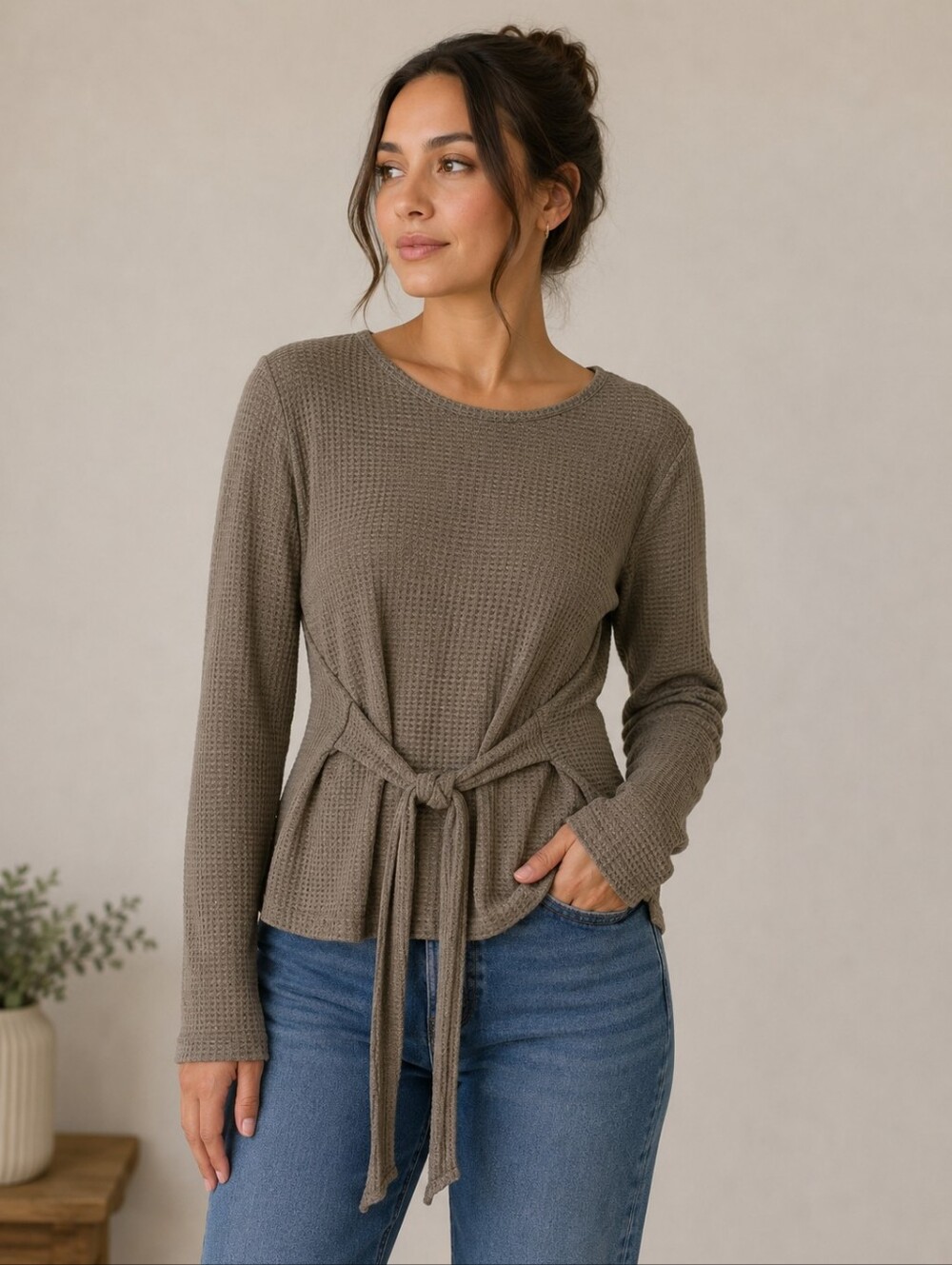 Shein Waffle-Knit Tie-Front Long Sleeve Top - Olive Size Large